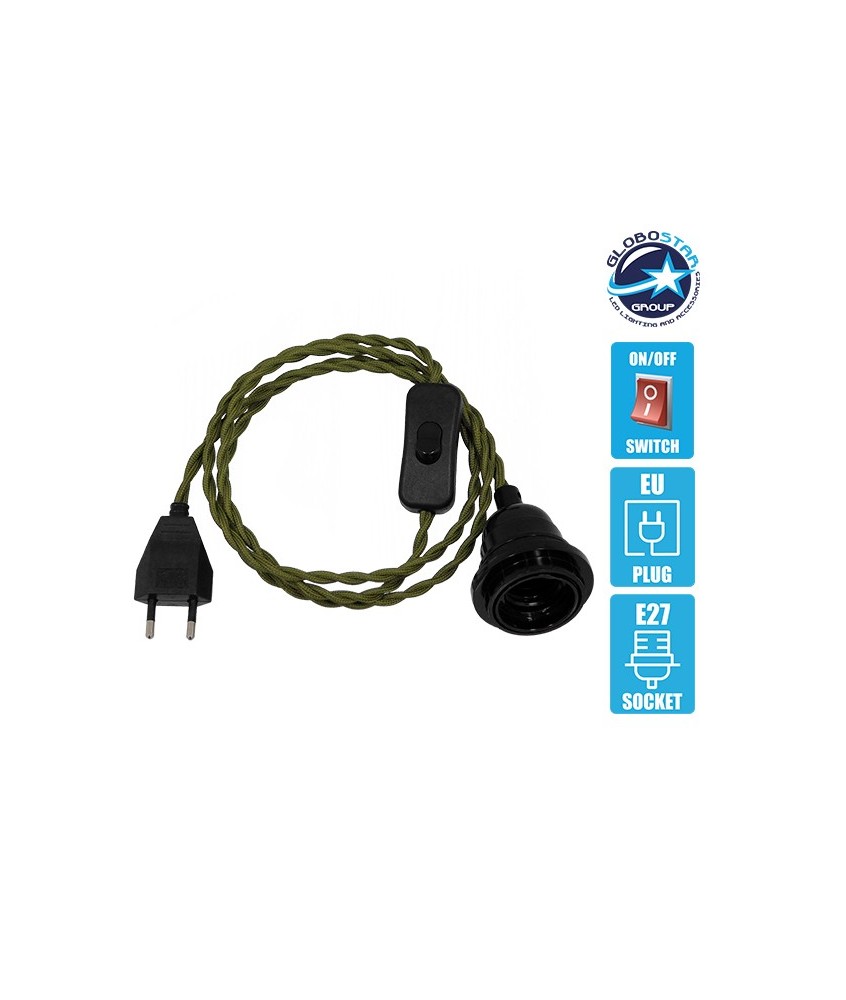 GLOBOSTAR® WHIP 91031 Μοντέρνο DIY Φωτιστικό με Πλεκτό Καλώδιο, Ντουί 1 x E27, Διακόπτη On-Off & Πρίζα AC 220-240V IP20 - Χακί & Μαύρο - Μ150 x Π5.8 x Υ5.8cm